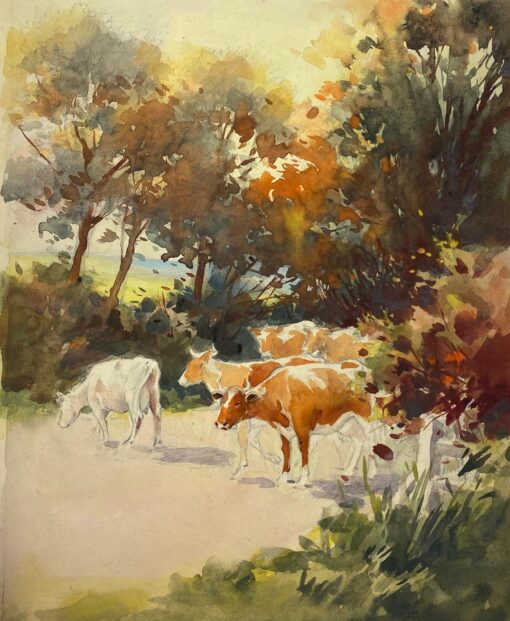 British Impressionist Painting Autuminal Landscape Cattle Crossing The Road