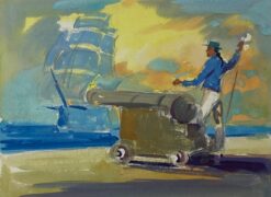 British Impressionist Painting Figure With Cannon Waiting At The Port