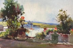 British Impressionist Painting Flowers, Foliage And Boat On The Lake