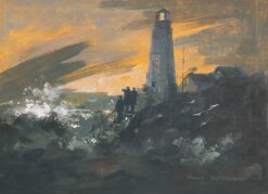 British Impressionist Painting Lighthouse Beneath Flaming Sky