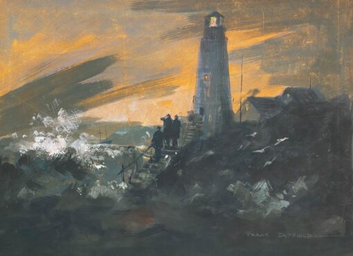 British Impressionist Painting Lighthouse Beneath Flaming Sky