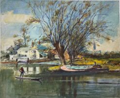 British Impressionist Painting Punt Boat On Lake Landscape