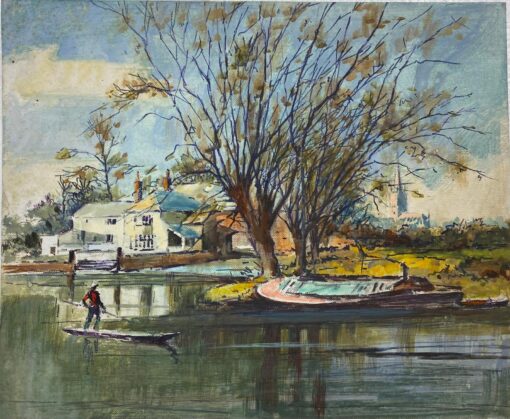 British Impressionist Painting Punt Boat On Lake Landscape