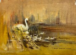 British Impressionist Painting Swan and Signets Gliding Across Peaceful Waters