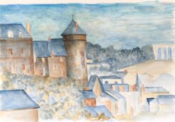 1950's Modernist/ Cubist Painting - Blue French Watercolour Landscape