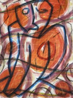 French Orange Circular Shape Abstract Gouache Painting