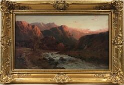 Sunset over the Scottish Highland Loch, signed antique oil painting