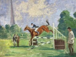 English Mid Century Oil The Horse Show Jumping Event Gymkhana with Judges
