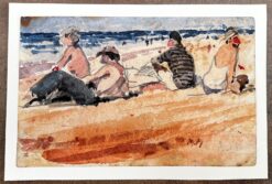 French Impressionist Watercolor Landscape - "Bathers Enjoying A Day By The Sea"