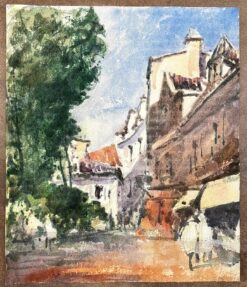 French Impressionist Watercolor Landscape - Couple Wandering Down Village Street