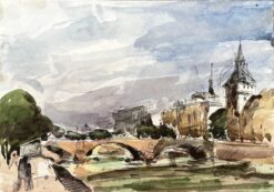 French Impressionist Watercolor Landscape River Seine Bridge Paris Landscape