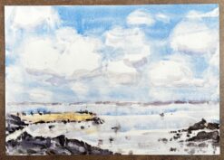 French Impressionist Watercolor Landscape - Rocky Shoreline Looking Out to Sea
