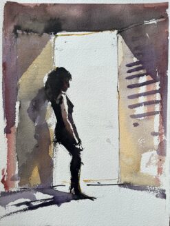 British Impressionist Watercolor of a Female Silhouette in Sunlit Doorway