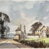 British Impressionist Watercolor of Rural Farm Buildings and Landscape