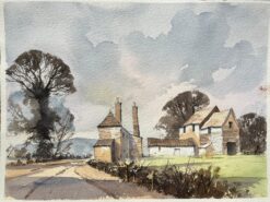 British Impressionist Watercolor of Rural Farm Buildings and Landscape