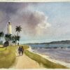 British Impressionist Watercolor of Coastal Lighthouse with Palm Trees