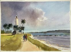 British Impressionist Watercolor of Coastal Lighthouse with Palm Trees