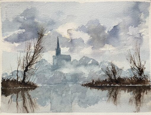 British Impressionist Watercolor of Riverside with Church Spire in Mist