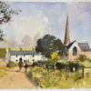British Impressionist Watercolor of a Village Lane with Church and Figures