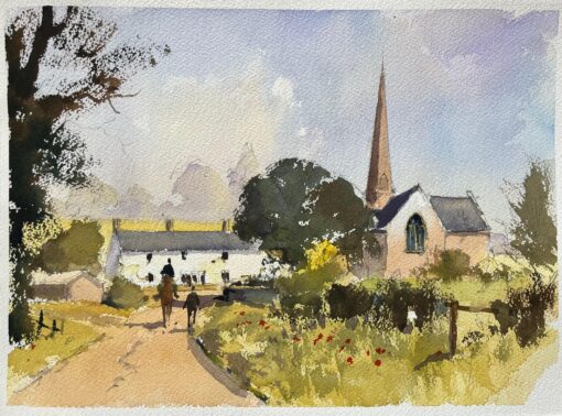 British Impressionist Watercolor of a Village Lane with Church and Figures