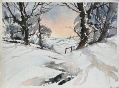 British Impressionist Watercolor of a Snowy Path with Distant Spire