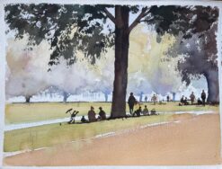 British Impressionist Watercolor of a Park Scene with Figures Under Trees
