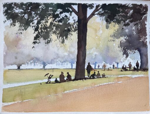 British Impressionist Watercolor of a Park Scene with Figures Under Trees