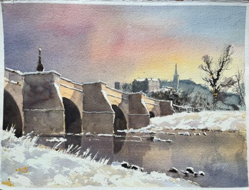 British Impressionist Watercolor of a Snowy Bridge and Winter Sunset