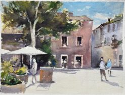 British Impressionist Watercolor of a Sunlit Town Square with Figures