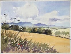 British Impressionist Watercolor of Wildflowers, Fields, and Rolling Hills