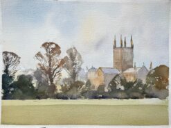 British Impressionist Watercolor of Stately Cathedral Rising Above the Treetops