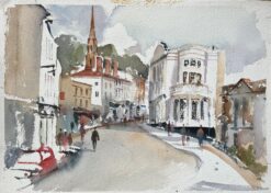 British Impressionist Watercolor of Bustling Town Street with Steeple