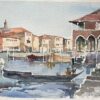 British Impressionist Watercolor of Venice Fish Market and Gondola Scene