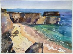 British Impressionist Watercolor of Quiet Cove at Praia da Baleeira, Portugal