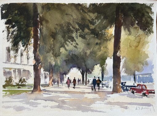 British Impressionist Watercolor of a Tree-Lined Boulevard with Figures