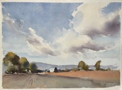 British Impressionist Watercolor of Countryside Landscape with Dramatic Sky
