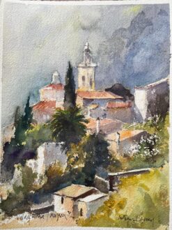 British Impressionist Watercolor of “Valldemossa, Majorca” with Village Rooftops