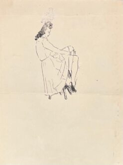 Mid Century French Elegant Ink Drawing of a Riverside Scene with a Barge