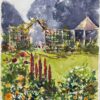 British Impressionist Watercolor of Sunlit Garden with Flowers and Trellis