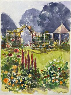British Impressionist Watercolor of Sunlit Garden with Flowers and Trellis