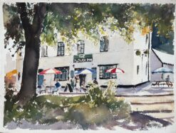 British Impressionist Watercolor of The Plough Inn with Seating and Figures