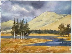 British Impressionist Watercolor of Highland Landscape with Trees and River