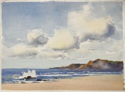 British Impressionist Watercolor of a Seascape with Dramatic Sky and Cliffs
