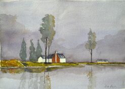Atmospheric Watercolor Landscape with House and Trees Reflected in Water