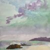 Modern Seascape Watercolor with Rock and Vibrant Sky