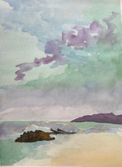 Modern Seascape Watercolor with Rock and Vibrant Sky