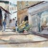 Original Watercolor of a Sunlit Mediterranean Street Scene with Flower Stalls