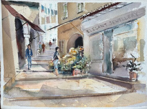 Original Watercolor of a Sunlit Mediterranean Street Scene with Flower Stalls