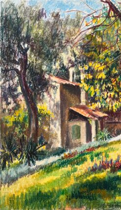 Mid Century French Original Pastel Painting of Sunlit Provence Countryside