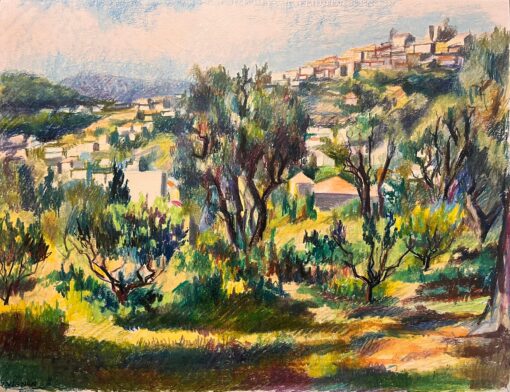 Mid Century French Original Pastel Painting of Hillside Village with Olive Trees